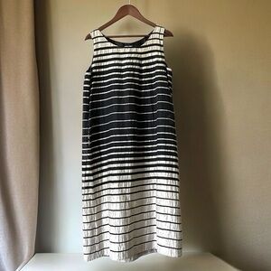 Samuel Dong Striped Tan and Black Scoop Neck Midi Shift Cocktail Dress